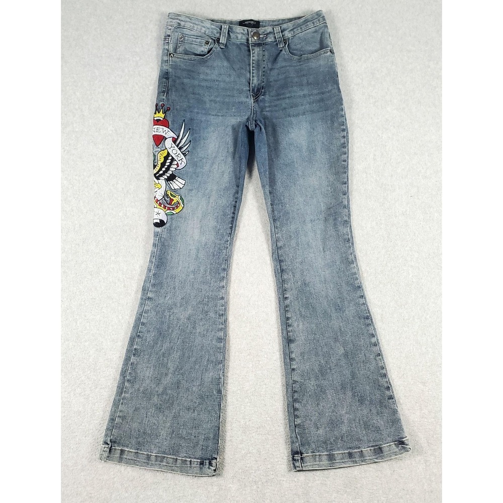 Ed Hardy Jeans Women's 30x32 Blue Bootcut Skull New York City Tattoo Streetwear